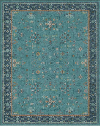 Boho 9x12 Large Teal Green Washable Living Room Rug - Vibrant Turquoise Rug for Bedroom Under Bed, Dining Room Under Table, Geometric Floral Low Pile & Soft Stain Resistant Carpet