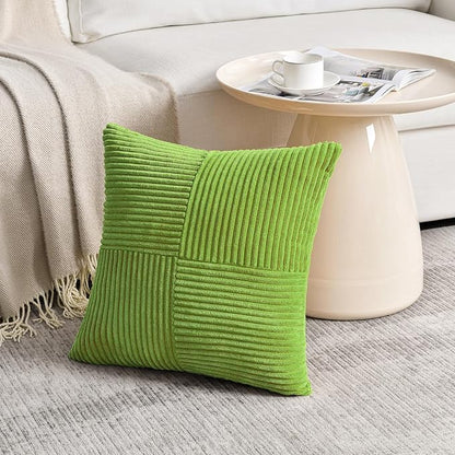 Fancy Homi Set of 2 Lime Green Decorative Throw Pillow Covers 18x18 Inch with for Couch Bed Sofa Living Room, Soft Cross Patchwork Striped Corduroy Modern Square Cushion Case 45x45 cm