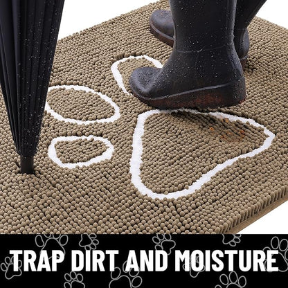 Smiry Dog Door Mat for Muddy Paws, Absorbent Dirt Trapper Non Slip Quick Dry Washable Chenille Mat for Mud Dogs, Entry Rug for Indoor and Outdoor (70x24 Inches, Camel and Black)