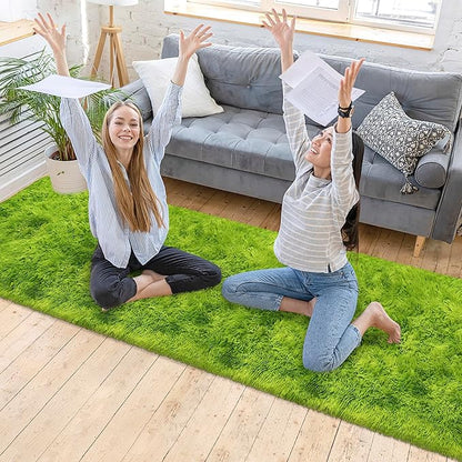Tie-Dyed Runner Rug for Bedroom Green 2x10ft Fluffy Area Rug Bedside Runner Rug for Kids Room Boys Teens Nursery Baby Living Room Dorm Home Decor Carpets