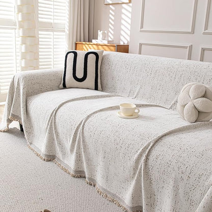 Couch Cover for Dogs, Boho Sofa Covers for 3 Cushion Couch, Chenille Slipcover for Pets Washable, L-Shape Sectional Couch Loveseat Cover Soft Throw Blankets with Tassels(91x134,Speckled Beige)