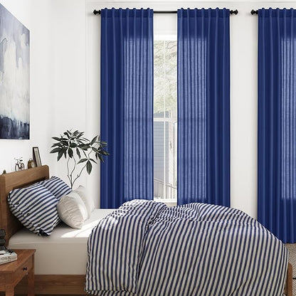 Classic Blue Linen Curtains 90 Inch Long 2 Panels Set for Bedroom Living Room Linen Textured Window Drapes Semi Sheer Light Filtering Rod Pocket Back Tab Cotton Textured Farmhouse Curtain 52x90