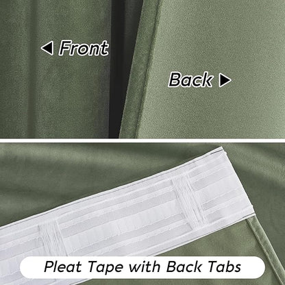 RYB HOME Sage Green Velvet Curtains 72 inches Length with Hook Tape, Thermal Insulated Privacy Protect Decorative Drapes for Window, W 42 x L 72 inches, 2 Panels Set