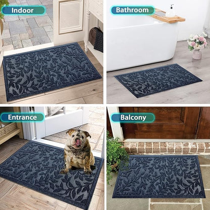 Bulijojo Sturdy Front Entrance Doormats,Durable Heavy Duty Welcome Mat,Thick Absorbent Natural Rubber Non Slip Mat,Easy Clean Entryway Mat 17x30 Inch Leaves Blue