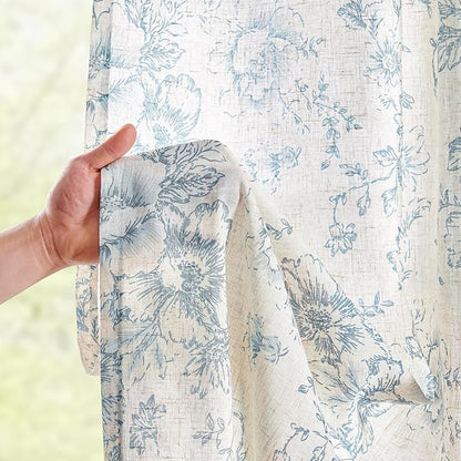 jinchan Linen Blend Curtain Floral Curtains for Living Room 96 Inch Length Blue Printed Curtain Rod Pocket Back Tab Farmhouse Peony Flower Patterned Drapes Bedroom Window Curtains Set 2 Panels