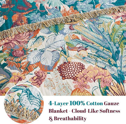 MSGKV Boho Throw Blanket for Bed Couch 100% Cotton Blanket 60"x80" Spring Breathable Farmhouse Lightweight Muslin Blankets Home Decor