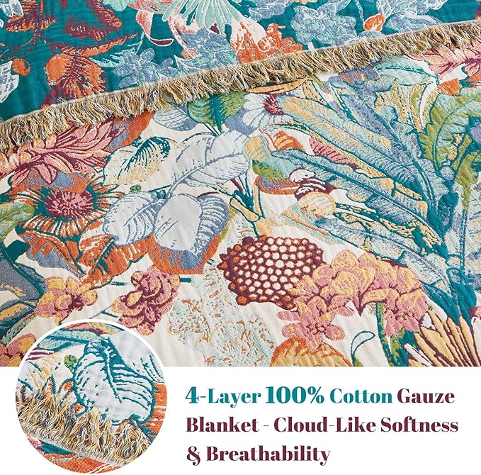 MSGKV Boho Throw Blanket for Couch 100% Cotton Floral Blanket 50"x60" Sofa Bed Chair Blanket All Seasons Farmhouse Muslin Spring Breathable Lightweight Blankets Home Decor