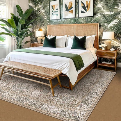 Washable Dining Room Rugs for Under Table - 6x9 Moss Green Oriental Area Rug for Living Room, Low Pile Non-Slip Floor Carpet for Bedroom Under Bed - Vintage Brown Neutral Design & Stain Resistance