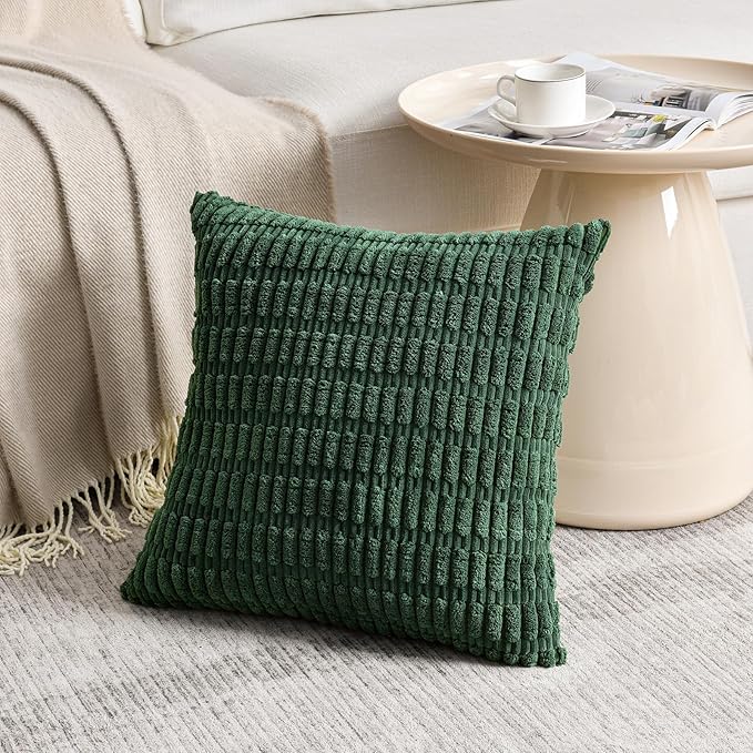 Fancy Homi 4 Packs Hunter Green Decorative Throw Pillow Covers 18x18 Inch for Couch Bed Sofa, Forest Green Boho Home Decor, Soft Plush Corduroy Cute Emerald Green Square Cushion Case 45x45 cm