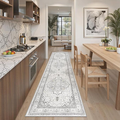 Madane Runner Rug 2x8, Washable Hallway Runner Rugs, Non-Slip Low-Pile Soft Kitchen Rug Runner Laundry Room Rug, Vintage Throw Entry Foyer Mat for Entrance Living Room (Grey, 2 x 8)