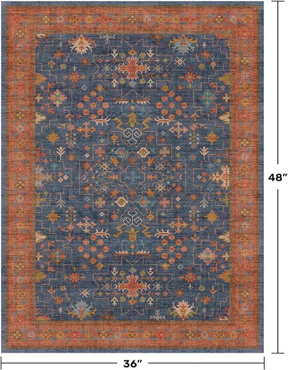 Washable Kitchen Rugs, 3x4 Area Rug for Large Entryway Indoor, Kitchen Mat, Small Rug for Living Room - Stain Resistant Non Skid Non Slip Rubber Backing, Boho Aethestic Décor (3x4 Navy Blue)