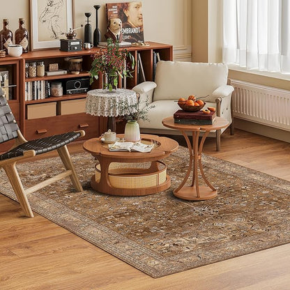 Washable Area Rug 6' x 9' Vintage Traditional Persian Mat - Foldable Distressed Non-Slip Machine Washable Carpet for Living Room Bedroom Kitchen Home Decor - Bronze and Ivory
