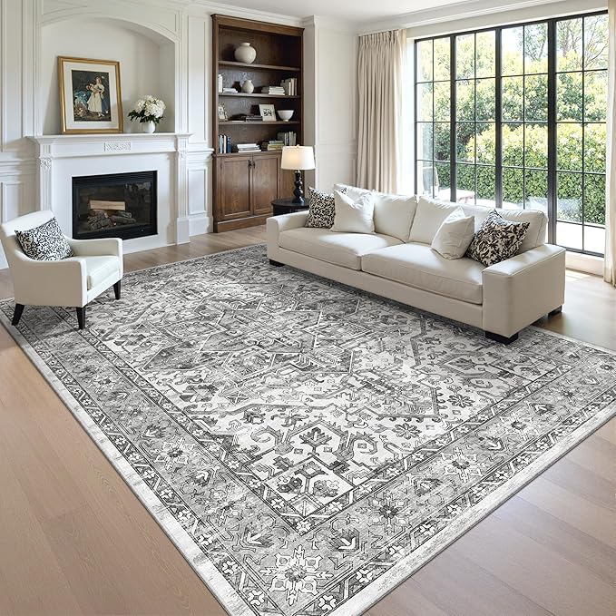 zesthome 8x10 Area Rugs for Living Room,Non-Slip Backing Washable Rugs,Vintage Large Area Rug，Stain Resistant Home Decor Rug (Grey/White,8'x10')