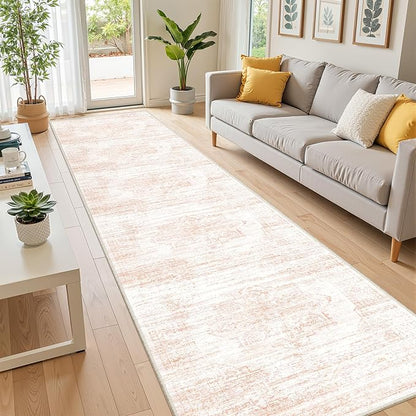2x10 Runner Rug, Long Hallway Rugs for Dining Room, Living Room, Bedroom, Machine Washable Kitchen Carpet Runner with Rubber Backing, Soft Low Pile Indoor Rug(2'x10', Pink/White)