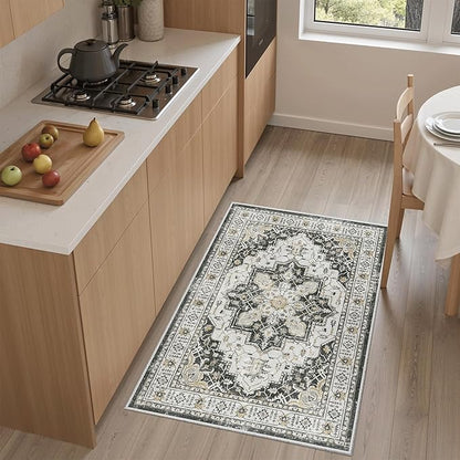 Madane Washable Area Rug 2x3, Small Entryway Rug Non-Slip Vintage Door Mat Indoor Entrance, Low Pile Floor Carpet for Inside Front Door Bedroom Kitchen Entry Laundry (2'x3', Black)