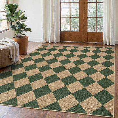 Lahome Colette Checkered Outdoor Rug 5x7, Washable Rug for Living Room Office Indoor Outdoor Carpet, Farmhouse Non Slip Non Shedding Green Carpet for Dining Room Sunroom Patio Courtyard