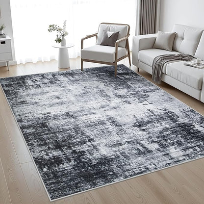 10x12 Area Rug Living Room Rug: Washable Modern Abstract Soft Thin Rug Indoor Floor No Slip Stain Resistant Carpet for Bedroom Dining Room Farmhouse Nursery Home Office - Dark-Black