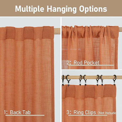 LAMIT Linen Semi Sheer Curtains 96 inches Long 2 Panels Set, Light Filtering Panels Back Tab and Rod Pocket Floor to Ceiling Curtains for Bedroom/Living Room, Burnt Orange, 52 x 96 Inch