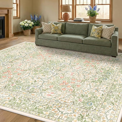 Beige Green 6x9 Washable Area Rugs for Dining Room, Nursery, Bedroom, Living Room, Kids Playroom, Ultra Soft Low Pile Non-Slip - Vintage Light Green Floral Indoor Carpet Stain Resistance