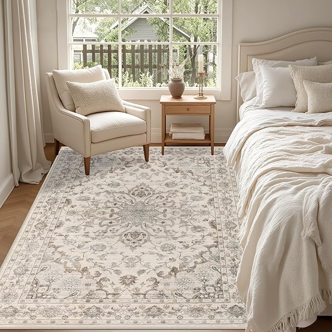 3x5 Area Rugs Living Room Rug: Washable Vintage Distressed Floral Rug No Slip Stain Resistant Soft Carpet Indoor Floor Large Carpets for Bedroom Dining Room Farmhouse Nursery Home Office Brown Beige