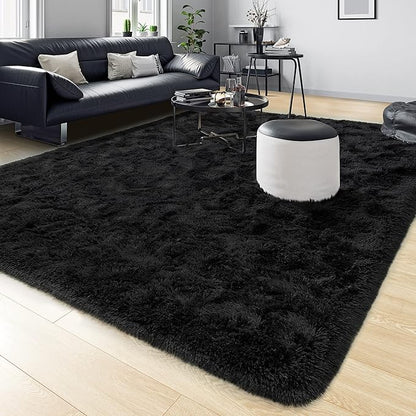 Tepook Fluffy Large Rugs for Living Room, Shag Area Rug 6x9 Soft Carpet for Bedroom, Modern Shaggy Rug for Kids Boys Girls, Plush Indoor Nursery Home Decor Rug with Non-Slip Bottom, Black, 6 X 9 Feet