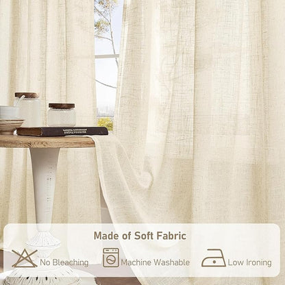 LAMIT Beige Linen Curtains 63 inches Long, Light Filtering Linen Textured Semi Sheer Back Tab and Rod Pocket Boho Drapes for Bedroom/Living Room, 2 Panels, 70 x 63 Inch