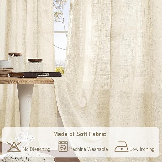 LAMIT Short Window Linen Curtains 48 Inch Length 2 Panels, Beige Light Filtering Panels Back Tab and Rod Pocket Neutral Drapes for Bathroom/Loft Room, 34 x 48 Inch