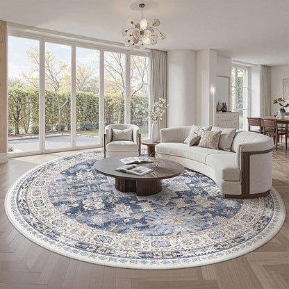 zesthome 8ft Round Rugs for Living Room, Non-Slip Washable Round Area Rugs, Ultra-Thin Large Circle Rugs, Soft Low Pile Rug for Bedroom, Kitchen - Vintage Stain Resistant Round Rug (Blue/Beige,8'x8')