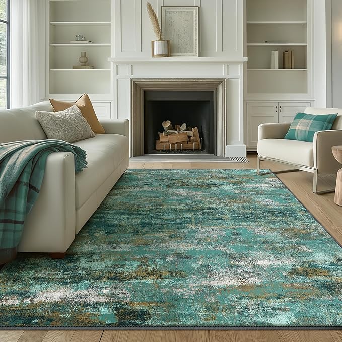 BEIMO Machine Washable Rug 8x10 Area Rugs for Living Room Bedroom, Large Turquoise Abstract Area Rug Soft Throw Rugs, Low-Pile Floor Carpet with Non Slip Rubber Backing