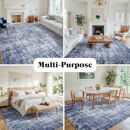 8x10 Area Rugs for Living Room Washable Rug: Anti-Skid Abstract Modern Living Room Rug Soft Thin Carpets Indoor Floor Non-Shedding Carpet for Bedroom Dining Farmhouse Nursery Navy Light Gray