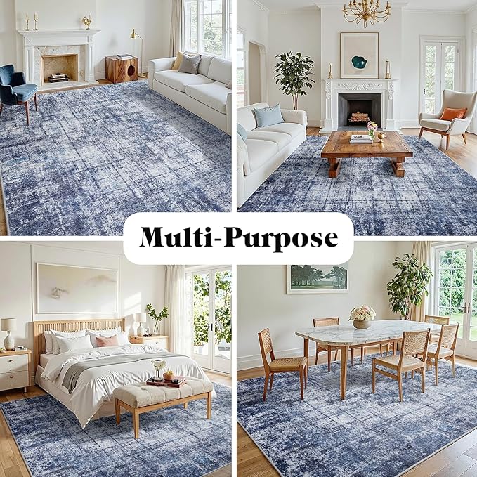 6x9 Area Rugs for Living Room Washable Rug: Anti-Skid Abstract Modern Living Room Rug Soft Thin Carpets Indoor Floor Non-Shedding Carpet for Bedroom Dining Farmhouse Nursery Navy Light Gray