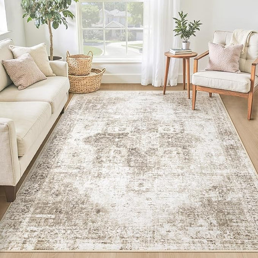Area Rug 4x6 Washable Rug, Vintage Boho Medallion Rugs Non-Slip Soft Low Pile Distressed Rug Indoor Retro Carpet for Living Room Bedroom Dining Room Home Office (Taupe, 4'x6')