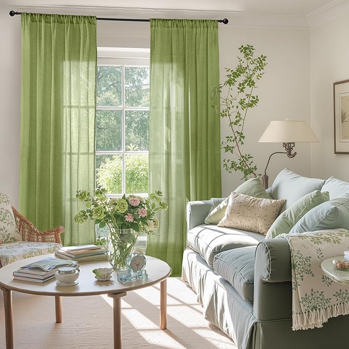 BGment Olive Green Linen Curtains for Living Room 84 Inch Length- Light Filtering Window Drapes Rod Pocket Natural Textured for Bedroom Lightweight Rustic Spring Decor, 2 Panels Set, 52 X 84 Inch