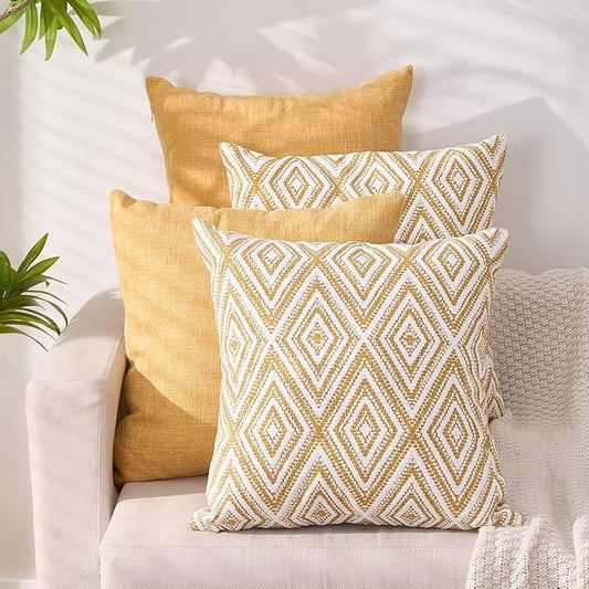HPUK Decorative Throw Pillow Covers Set of 4 Geometric Design Linen Cushion Cover for Couch Sofa Living Room, 18"x18" inches, Ochre