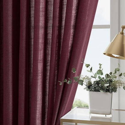 Extra Long Burgundy Linen Curtains 120 Inch for Living Room 2 Panels Set Rod Pocket Back Tab Light Filtering Semi Sheer Linen Window Drapes Privacy High Ceiling Drapes for Farmhouse 52x120