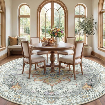 RELEANY Area Rugs 8ft Washable Non-Slip, Floral Vintage Distress Print Pattern Medallion Carpet for Living Room Bedroom Dining Room, Light Yellow Carbon Grey Orange