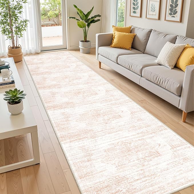 2x12 Runner Rug, Long Hallway Rugs for Dining Room, Living Room, Bedroom, Machine Washable Kitchen Carpet Runner with Rubber Backing, Soft Low Pile Indoor Rug(2'x12', Pink/White)