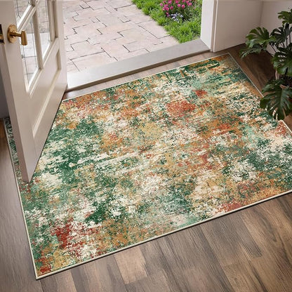 Washable Area Rugs 3'x5' Non-Slip Modern Abstract Soft for Living Room Entryway Bedroom Nursery, Print Pattern, Green Orange Rust Red Cream Colorful