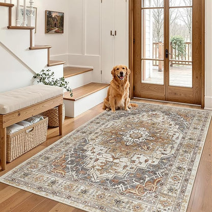 Madane Area Rug 4x6 Washable Rugs: Vintage Living Room Rug Soft Low Pile Non Slip Area Rugs Distressed Indoor Floor Carpet for Bedroom Kitchen Dining Room Home Decor, Turmeric/Grey