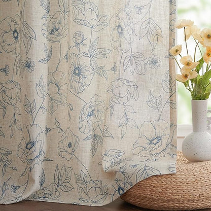 jinchan Floral Linen Curtains for Living Room 96 Inch Length Blue Flower Curtain Rod Pocket Back Tab Farmhouse Curtains with Printed Floral Bedroom Window Curtain Set, 2 Panels Blue