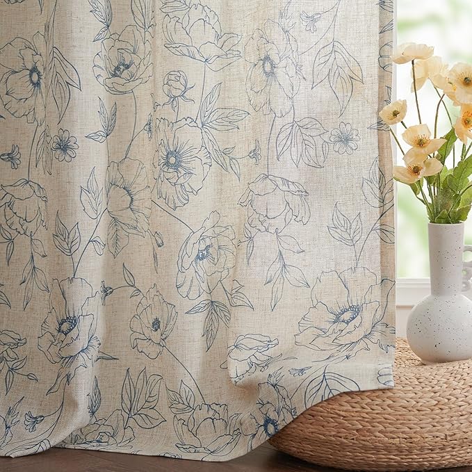 jinchan Floral Linen Curtains for Living Room 63 Inch Length Blue Flower Curtain Rod Pocket Back Tab Farmhouse Curtains with Printed Floral Bedroom Window Curtain Set, 2 Panels Blue