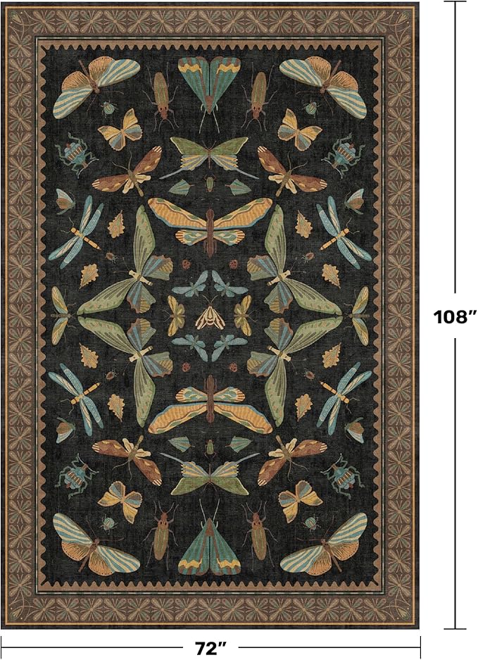 Hazo Haus Living Room Rug Black Boho 6x9 - Dining Room Rugs for Under Table, Bedroom, Insect Bug Eclectic Home Décor, Washable Non Slip Foldable