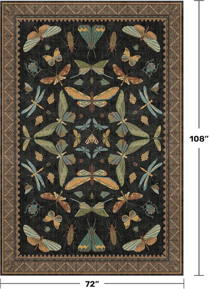 Hazo Haus Living Room Rug Black Boho 6x9 - Dining Room Rugs for Under Table, Bedroom, Insect Bug Eclectic Home Décor, Washable Non Slip Foldable