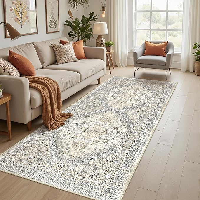 3x8 Runner Rug Non Slip Washable for Entryway, Front Porch, Vintage Hallway Runner for Laundry Room, Bedroom, Stain Resistant Thin Indoor Kitchen Mats for Floor(Beige,3'x8')
