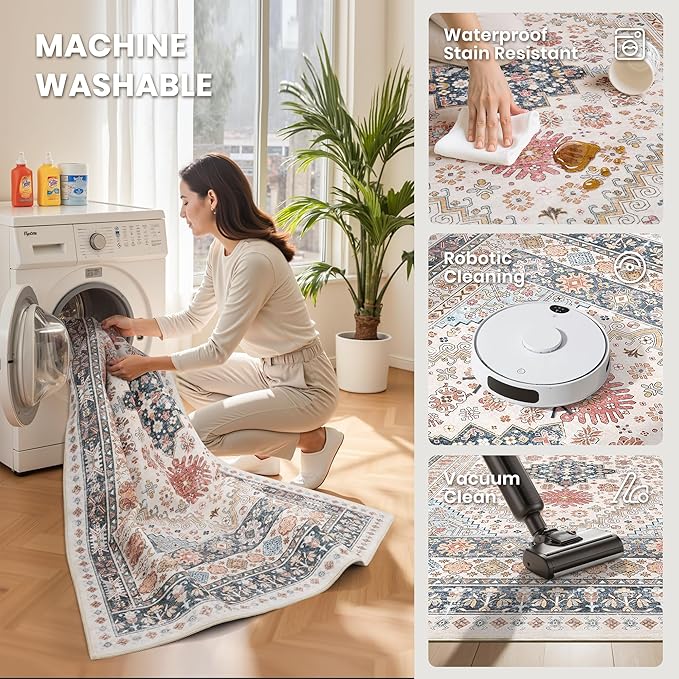 zesthome 8x12 Area Rugs for Living Room,Non-Slip Backing Washable Rugs,Vintage Large Area Rug，Stain Resistant Home Decor Rug (Multi,8'x12')