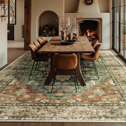 Area Rugs 10'x12' Washable Non-Slip, Floral Vintage Distress Print Pattern Medallion Carpet for Living Room Bedroom Dining Room, Brick Red Rust Neutral Brown Burnt Orange Green