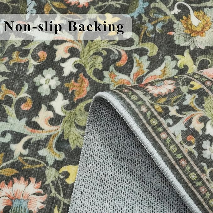 Hallway 2x5 Washable Runner Rug: Oriental Floral Stain Resistant Rug for Entryway Kitchen Farmhouse Soft Carpet for Bathroom Bedroom Thin Laudry Living Room Floor Mat with Non Slip Backing(2x5,Green)