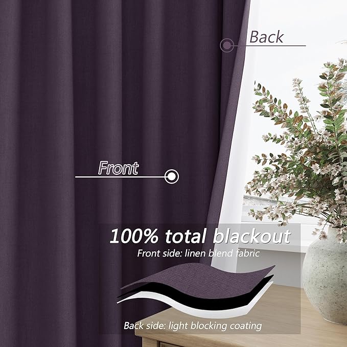 Plum 100% Blackout Linen Curtains 90 Inch Length 2 Panels Set for Living Room Bedroom Back Tab Thermal Insulated Black Out Drapes Room Darkening Farmhouse Style for Bedroom Window Curtains 52x90