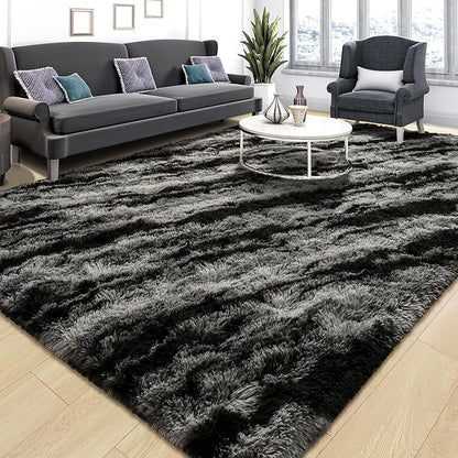 Tepook Area Rugs 9x12 for Living Room, Super Soft Fluffy Rugs for Bedroom, Modern Shaggy Rug Fuzzy Carpets for Kids, Plush Indoor Nursery Home Decor Rug with Non-Slip Bottom, Black Grey
