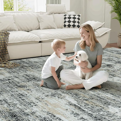 6x9 Area Rugs for Living Room Washable Rug: Anti-Skid Abstract Modern Living Room Rug Soft Thin Carpets Indoor Floor Non-Shedding Carpet for Bedroom Dining Farmhouse Nursery Black Gray Gold
